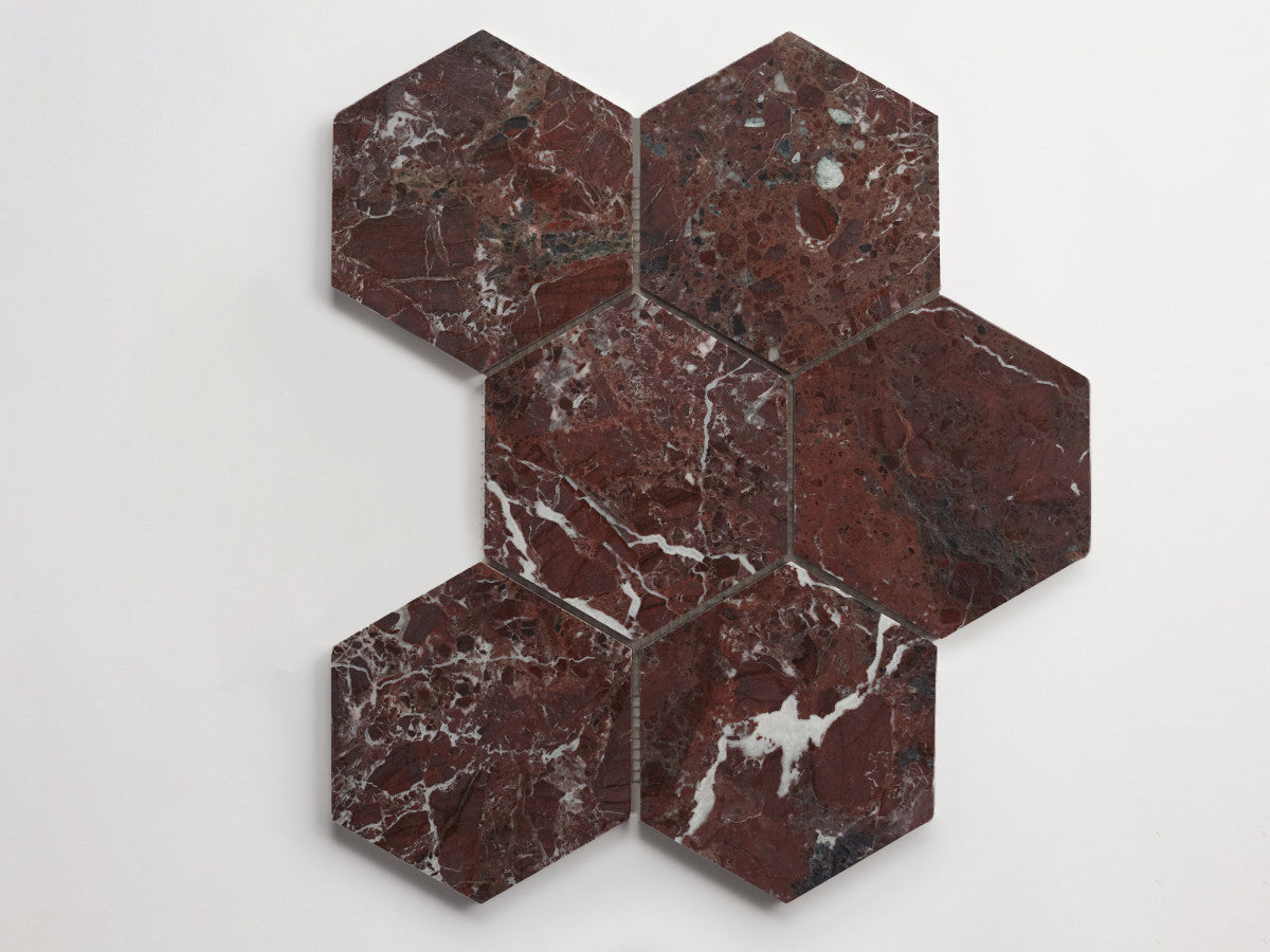 clé lapidary: pietrelle | six hex mosaic sheet | honed | rosso italiano ~ 5"x5¾"x⅜"