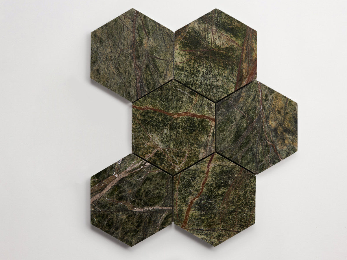 clé lapidary: pietrelle | six hex mosaic sheet | honed | galician green ~ 5"x5¾"x⅜"