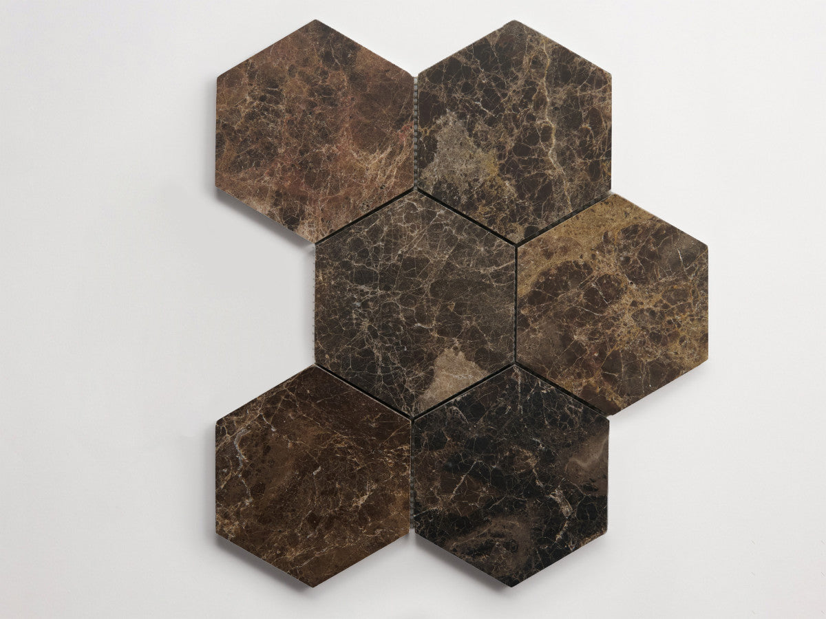 clé lapidary: pietrelle | six hex mosaic sheet | honed | iberian chocolate ~ 5"x5¾"x⅜"