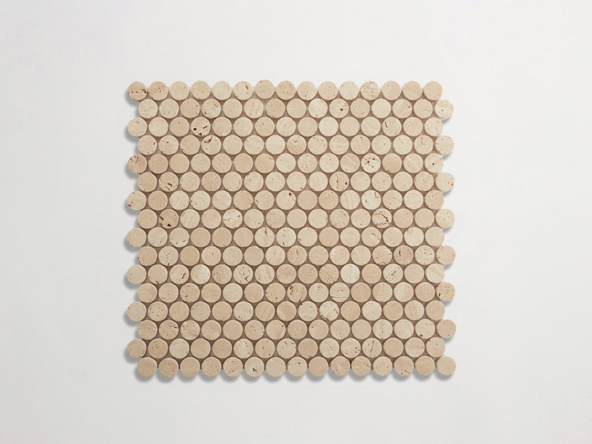 clé lapidary: pietrelle | penny round mosaic sheet | honed | beige travertine ~ ¾"x¾"x⅜"