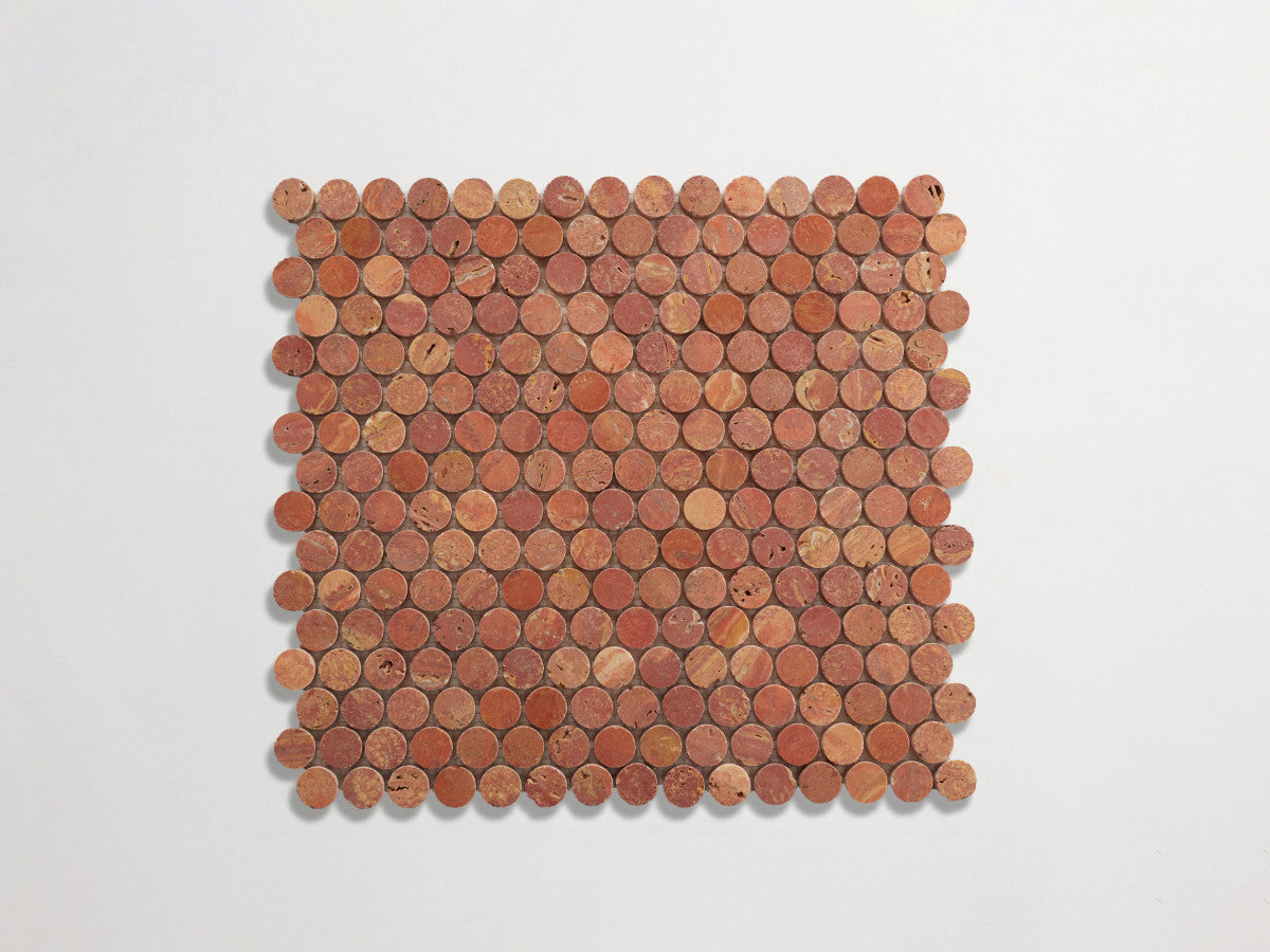 clé lapidary: pietrelle | penny round mosaic sheet | honed | red travertine ~ ¾"x¾"x⅜"