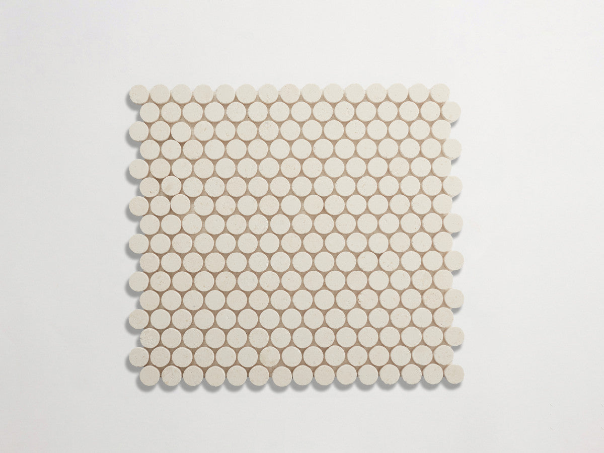 clé lapidary: pietrelle | penny round mosaic sheet | honed | white limestone ~ ¾"x¾"x⅜"
