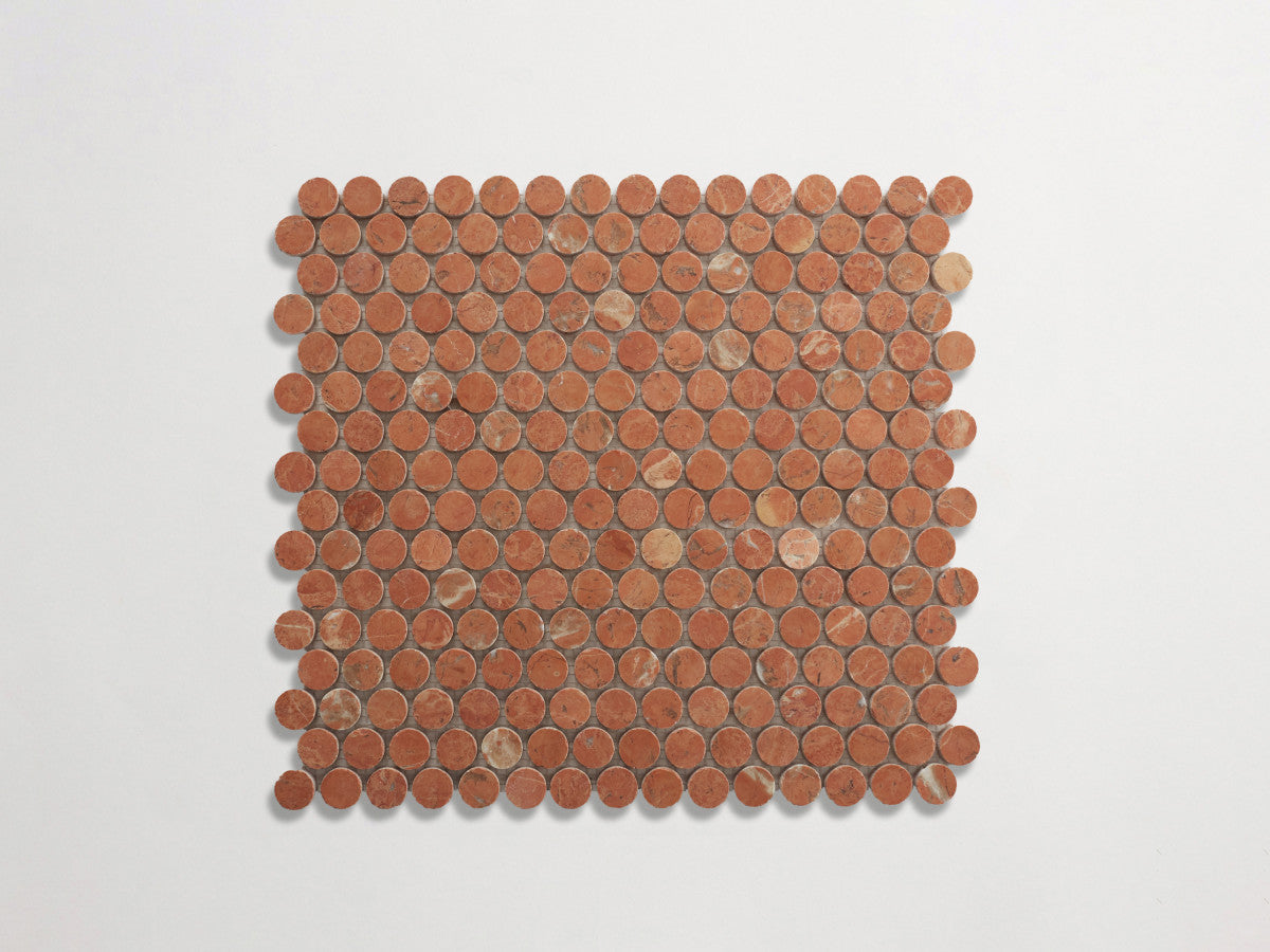 clé lapidary: pietrelle | penny round mosaic sheet | honed | rojo alicante ~ ¾"x¾"x⅜"
