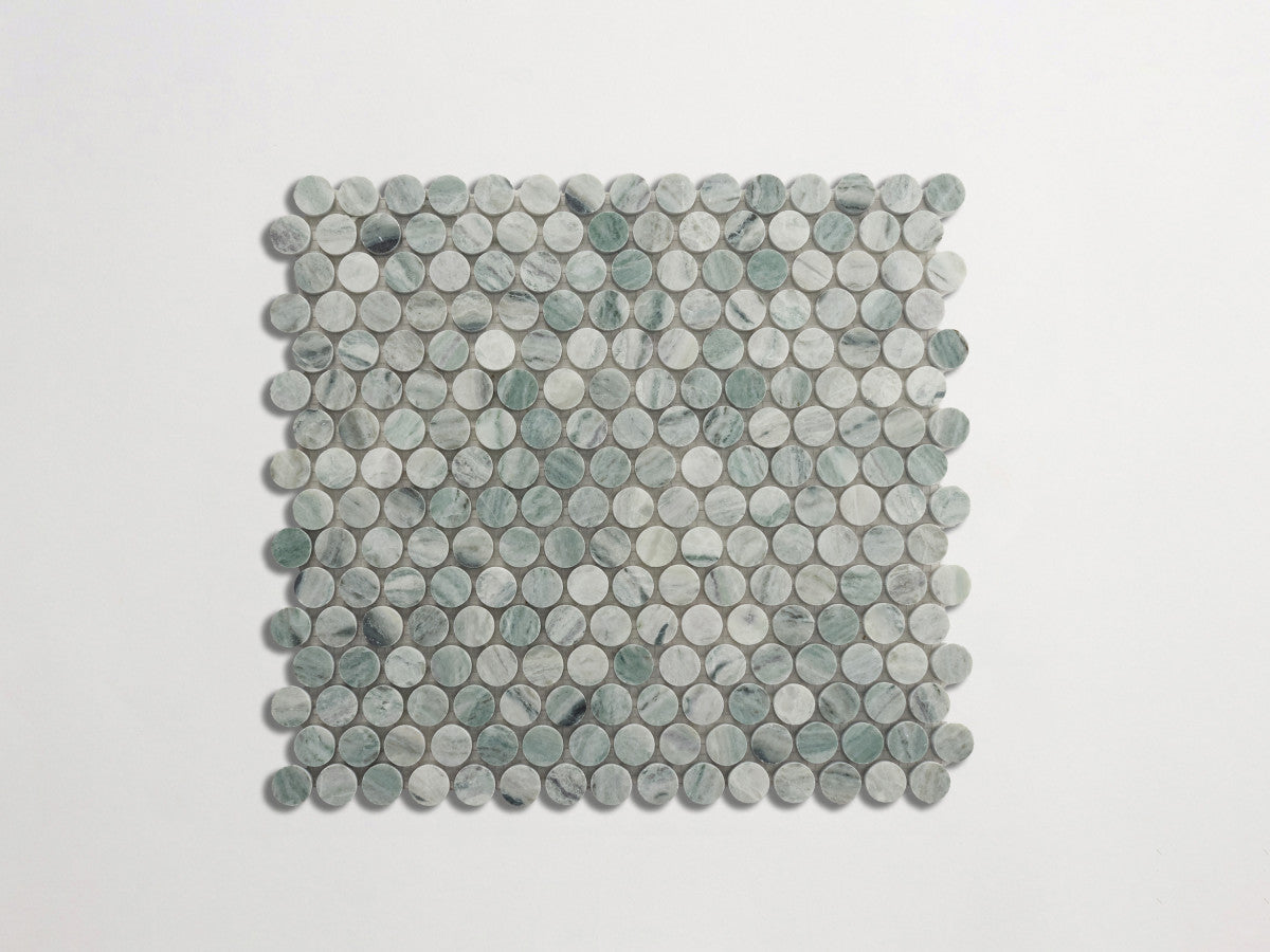clé lapidary: pietrelle | penny round mosaic sheet | honed | jade green ~ ¾"x¾"x⅜"