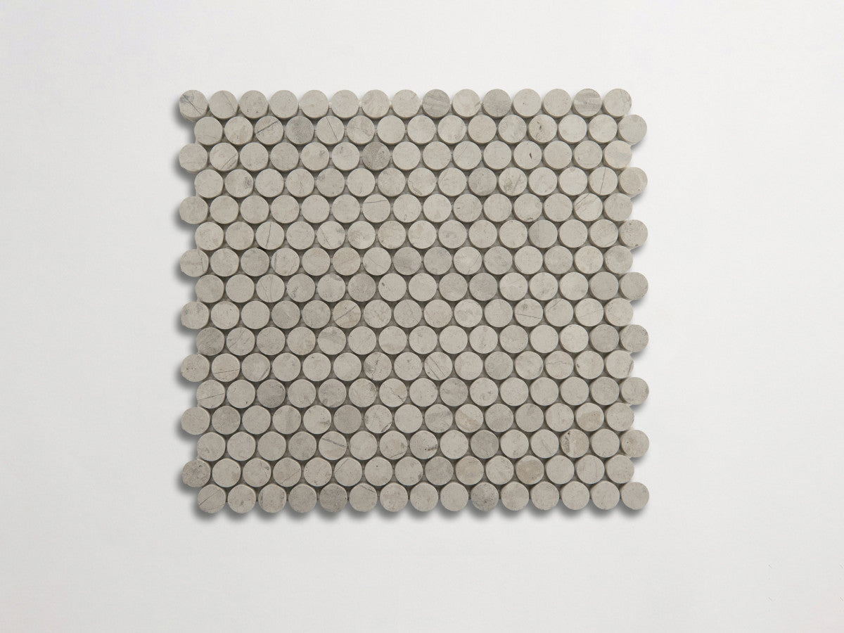 clé lapidary: pietrelle | penny round mosaic sheet | honed | alpaca grey ~ ¾"x¾"x⅜"