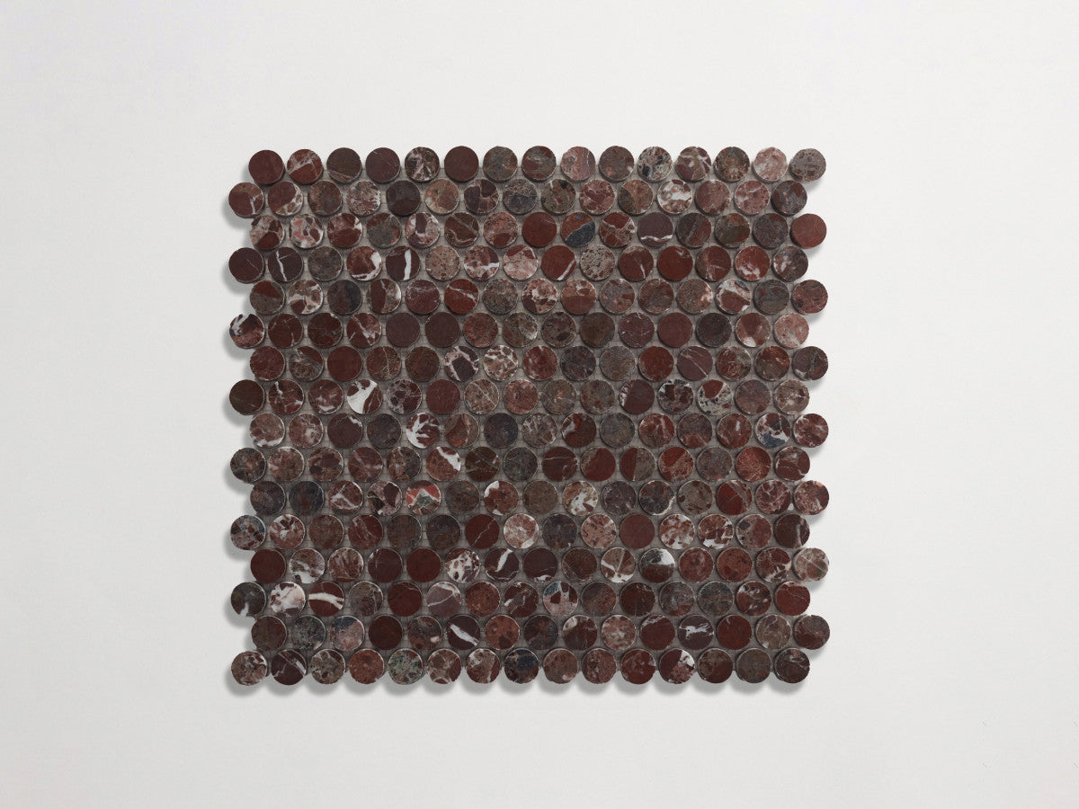 clé lapidary: pietrelle | penny round mosaic sheet | honed | rosso italiano ~ ¾"x¾"x⅜"