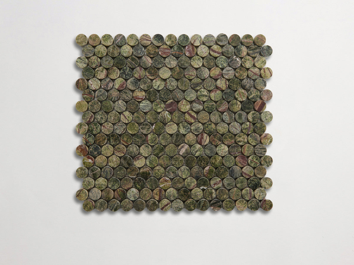 clé lapidary: pietrelle | penny round mosaic sheet | honed | galician green ~ ¾"x¾"x⅜"