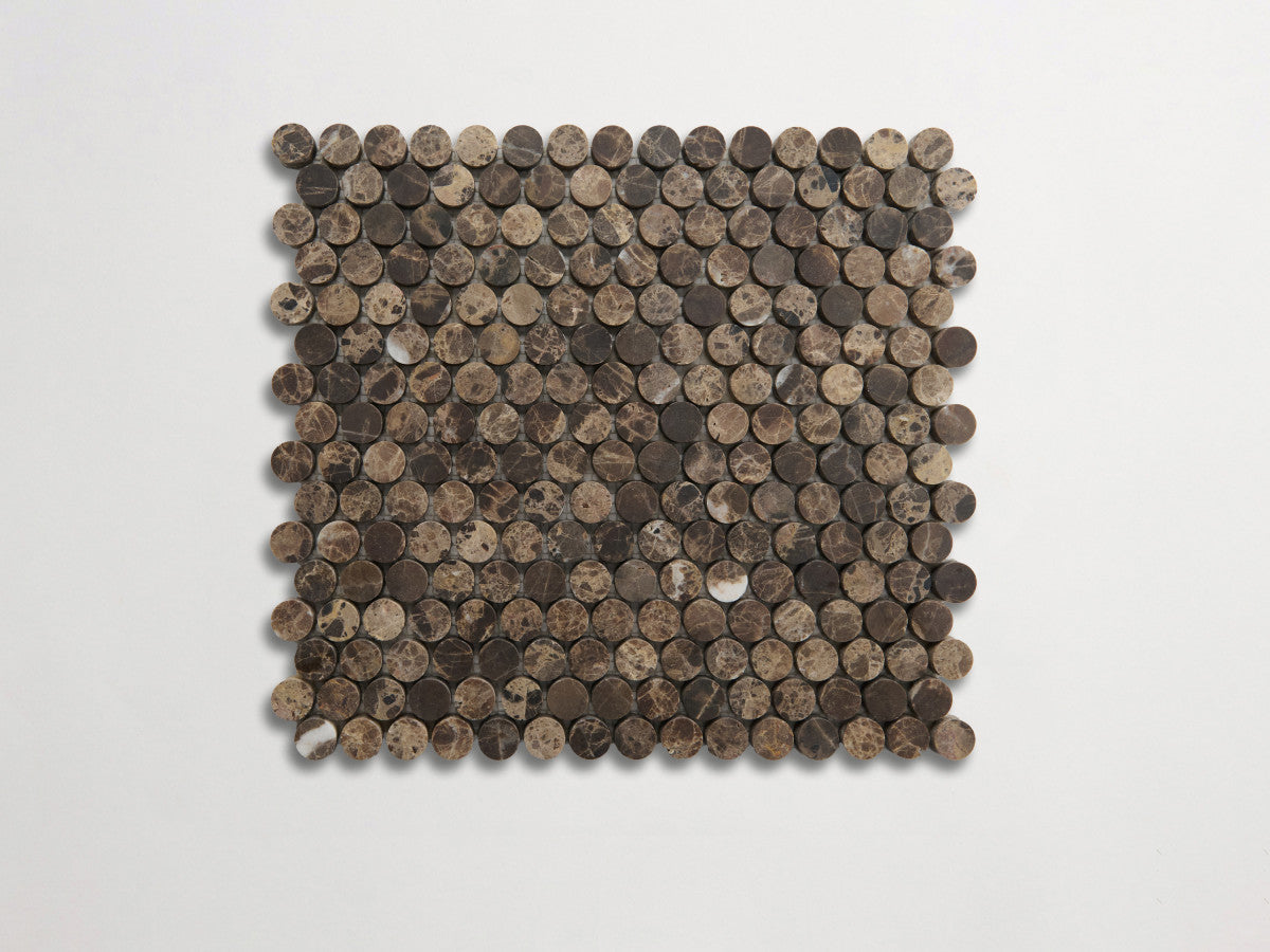 clé lapidary: pietrelle | penny round mosaic sheet | honed | iberian chocolate ~ ¾"x¾"x⅜"