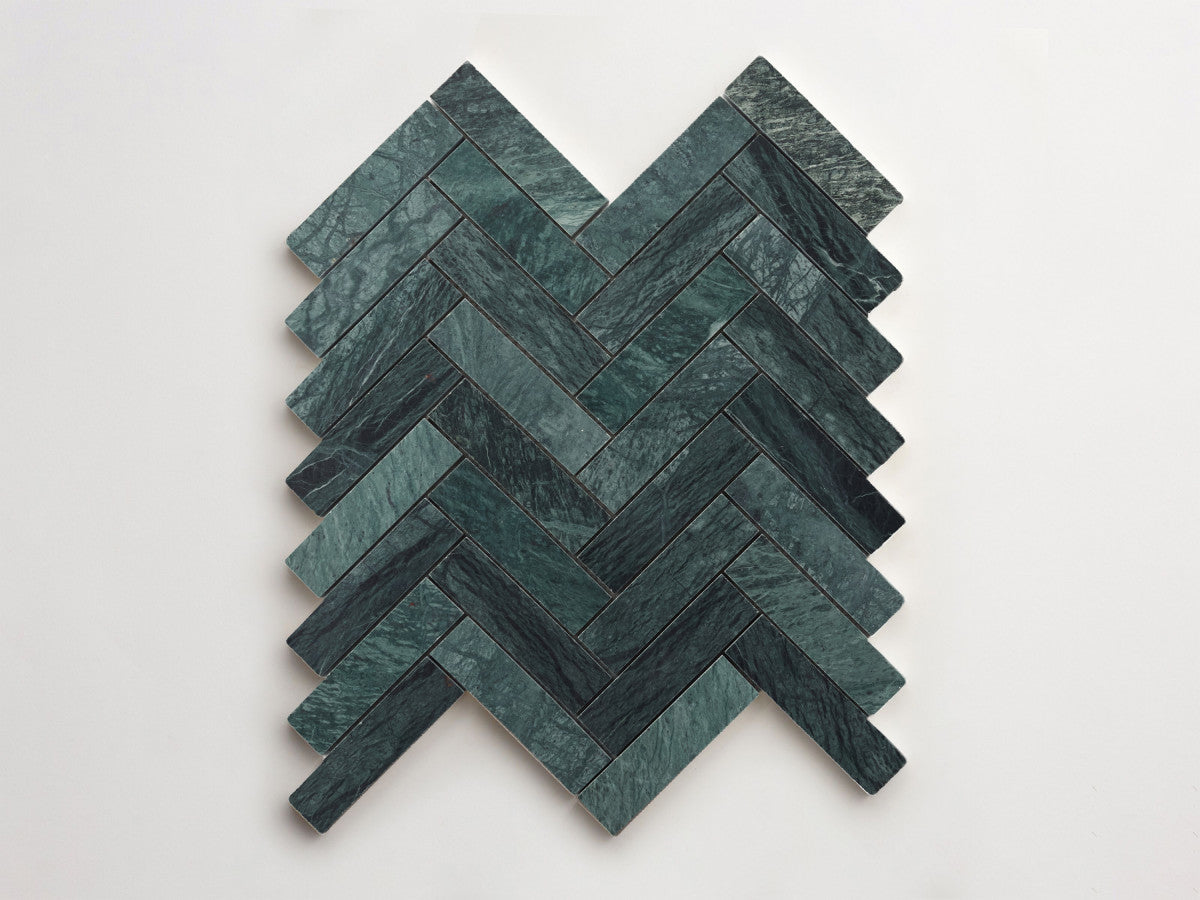 clé lapidary: pietrelle | herringbone mosaic sheet | honed | verde marble ~ 1"x3¾"x⅜"