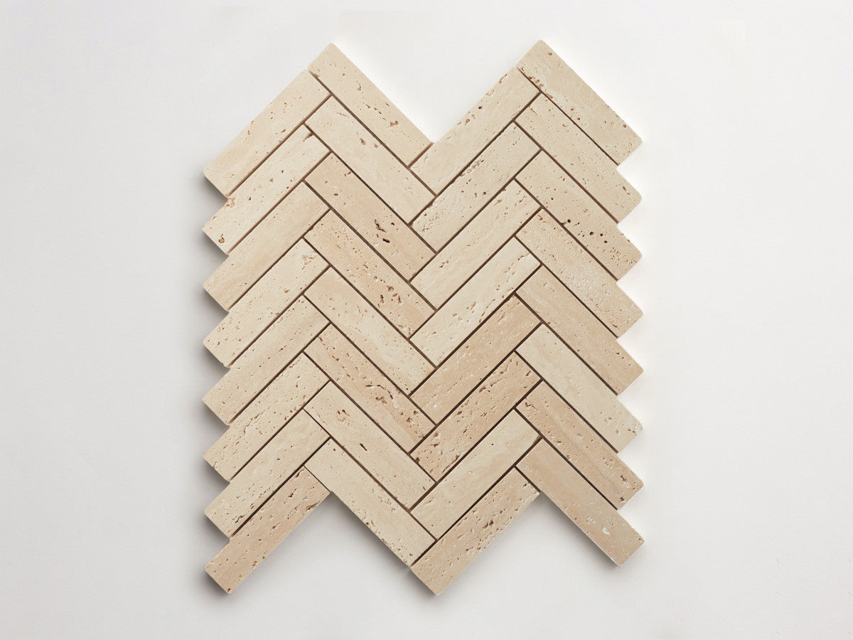 clé lapidary: pietrelle | herringbone mosaic sheet | honed | beige travertine ~ 1"x3¾"x⅜"