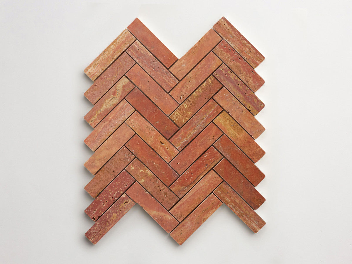 clé lapidary: pietrelle | herringbone mosaic sheet | honed | red travertine ~ 1"x3¾"x⅜"