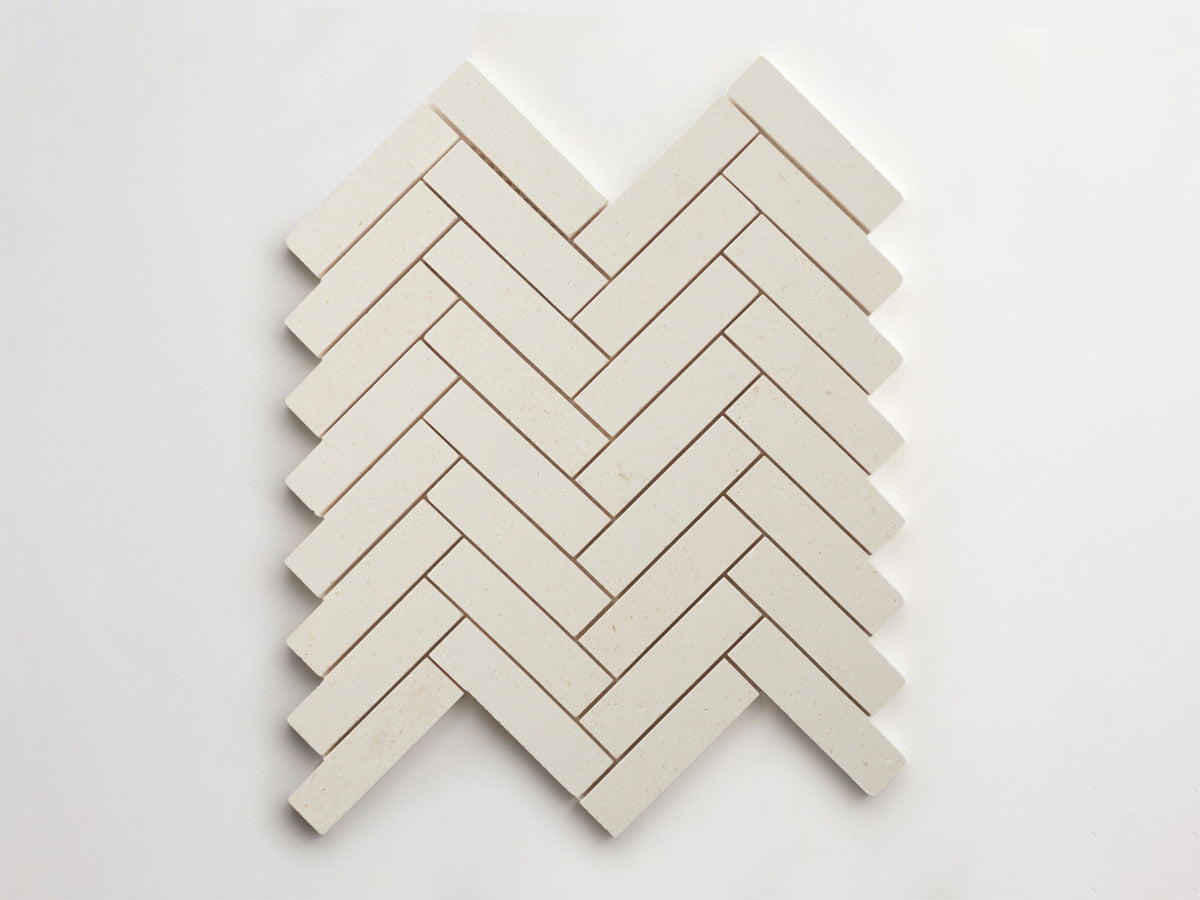 clé lapidary: pietrelle | herringbone mosaic sheet | honed | white limestone ~ 1"x3¾"x⅜"