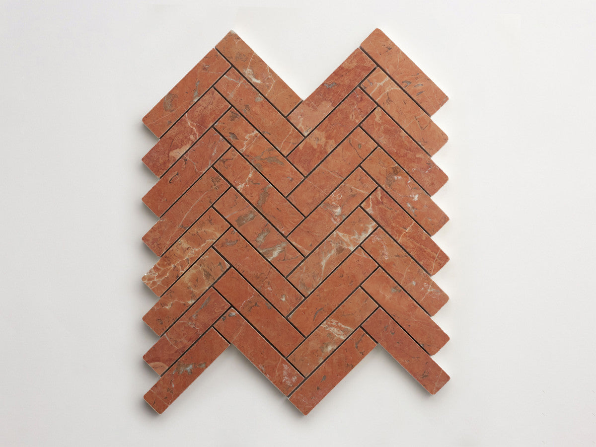 clé lapidary: pietrelle | herringbone mosaic sheet | honed | rojo alicante ~ 1"x3¾"x⅜"