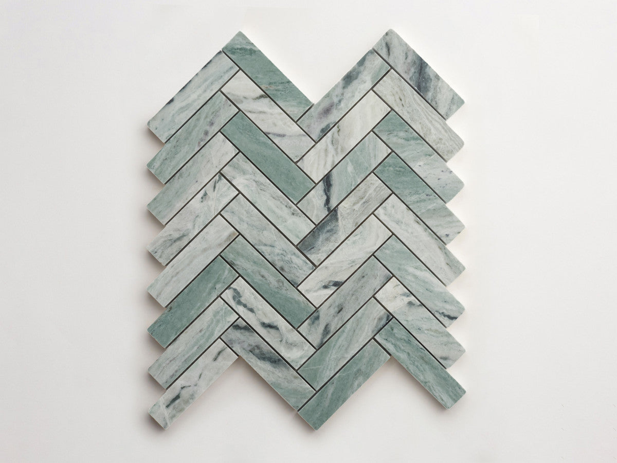 clé lapidary: pietrelle | herringbone mosaic sheet | honed | jade green ~ 1"x3¾"x⅜"