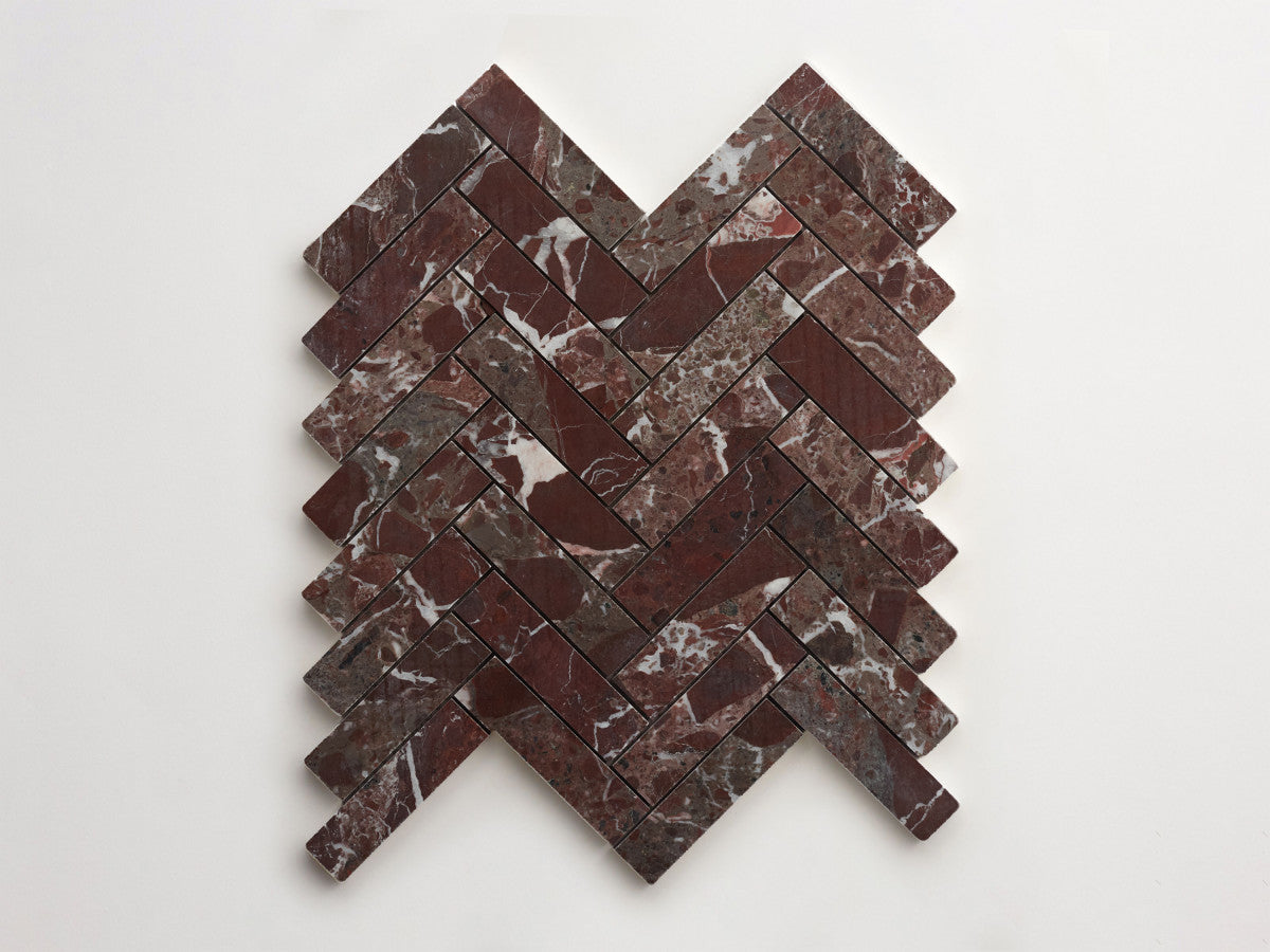 clé lapidary: pietrelle | herringbone mosaic sheet | honed | rosso italiano ~ 1"x3¾"x⅜"