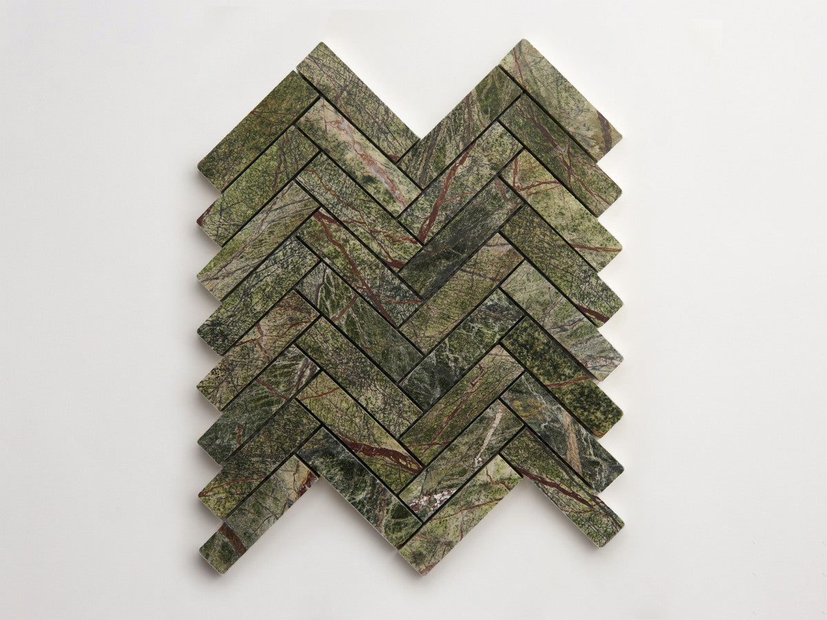clé lapidary: pietrelle | herringbone mosaic sheet | honed | galician green ~ 1"x3¾"x⅜"
