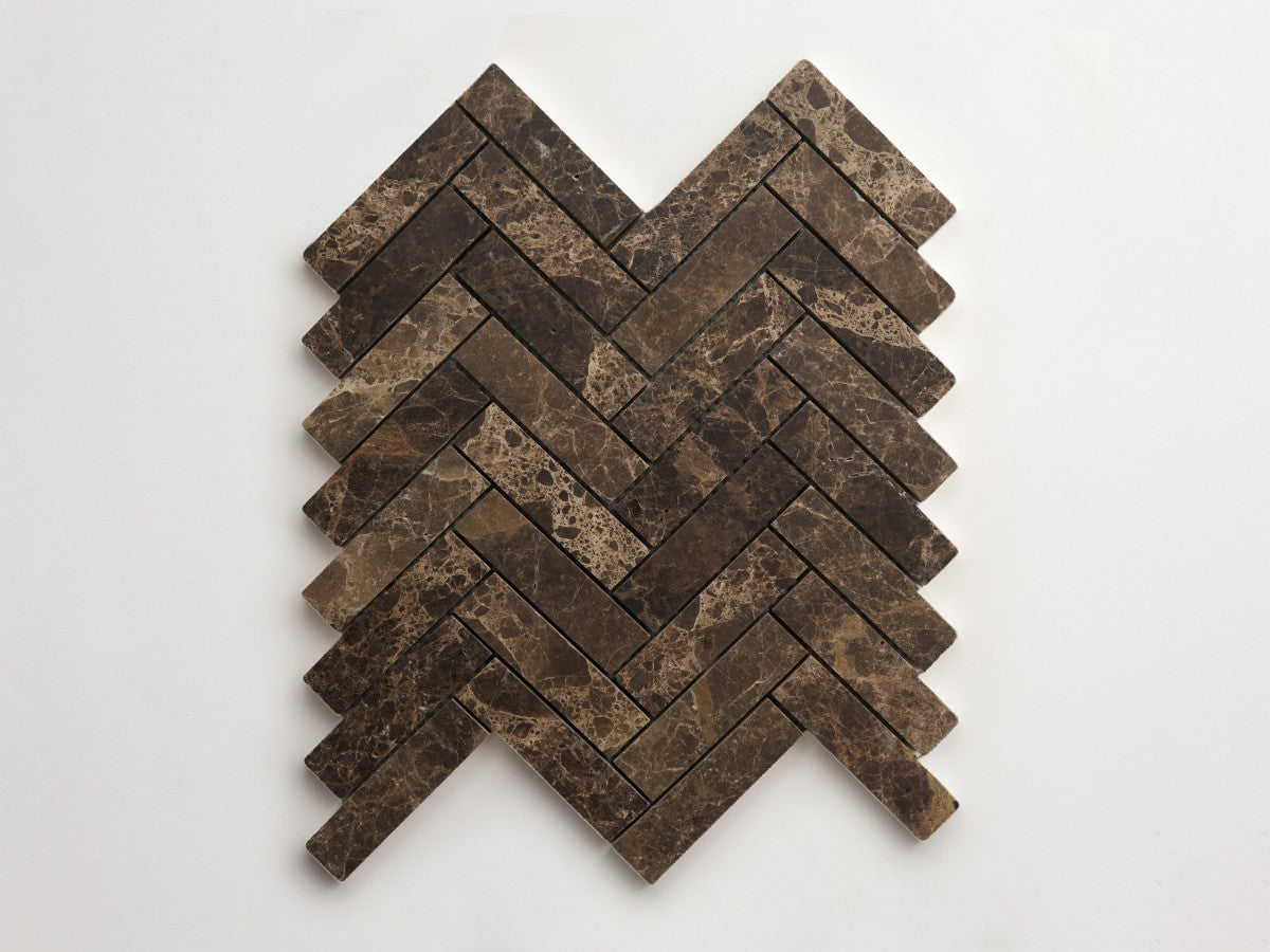 clé lapidary: pietrelle | herringbone mosaic sheet | honed | iberian chocolate ~ 1"x3¾"x⅜"