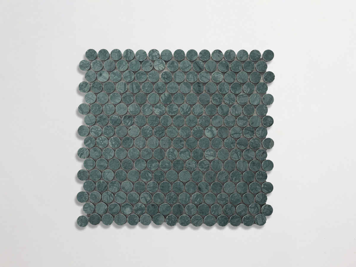 clé lapidary: pietrelle | penny round mosaic sheet | honed | verde marble ~ ¾"x¾"x⅜"