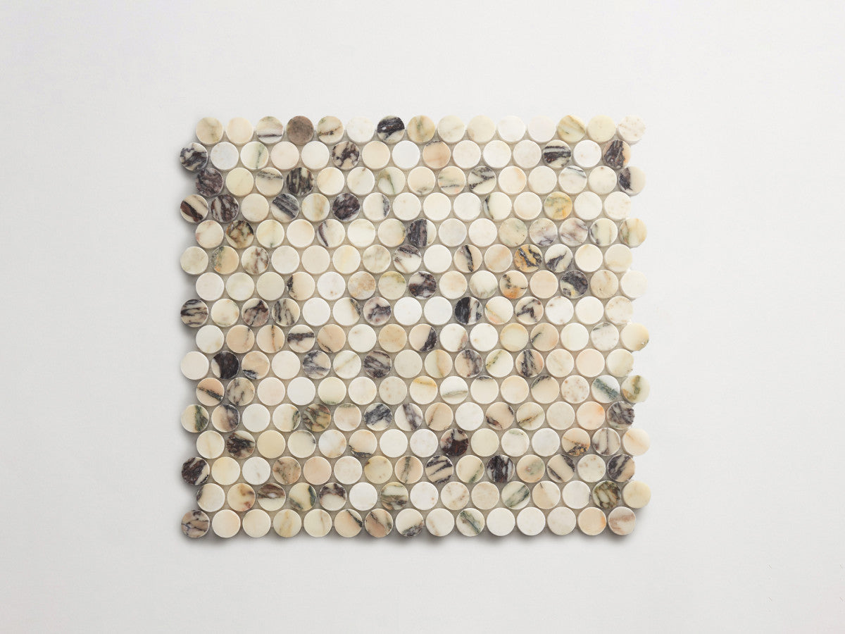 Calacatta viola penny round sheet.