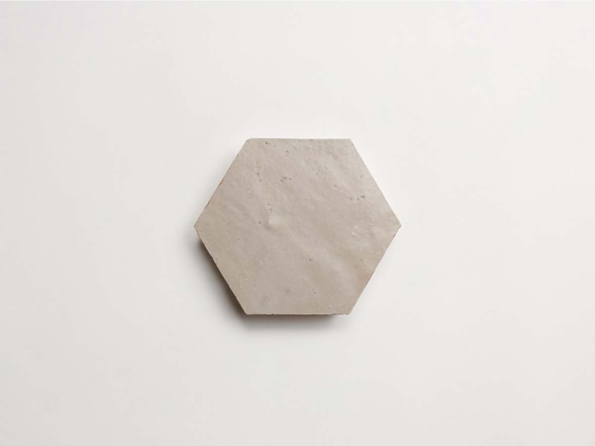 Zellige tile neutral glaze parched vellum hexagon.