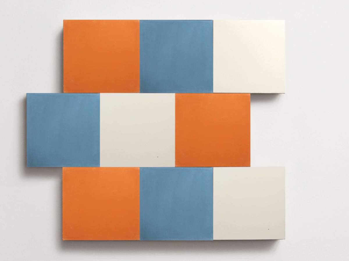 Cement Checkerboard Tile Trio 8x8 Blue, Orange, White.