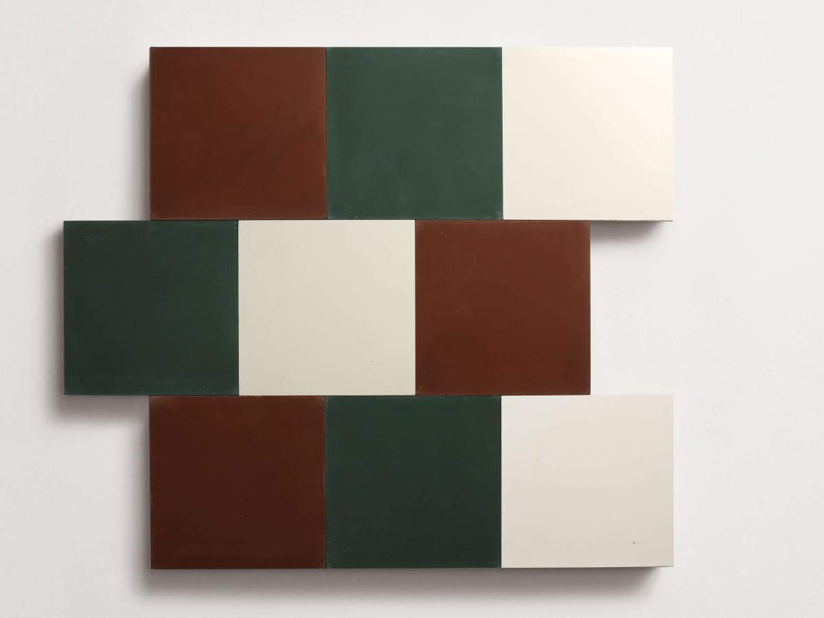 Cement Checkerboard Tile Trio 8x8 Red, Green, White.