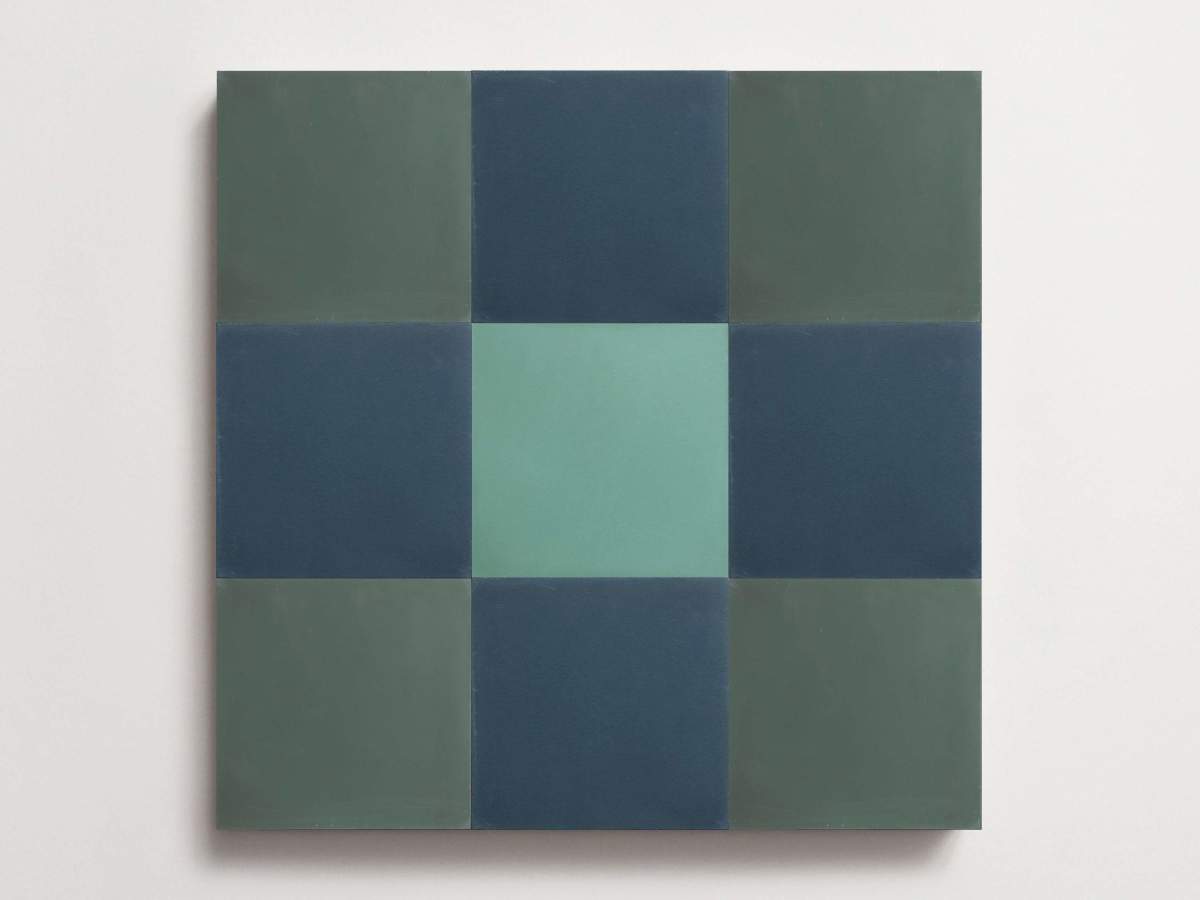 Cement Checkerboard Tile Trio 8x8 Green, Blue, Green.