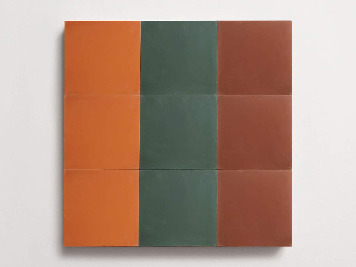 Cement Checkerboard Tile Trio 8x8 Green, Brown, Orange.