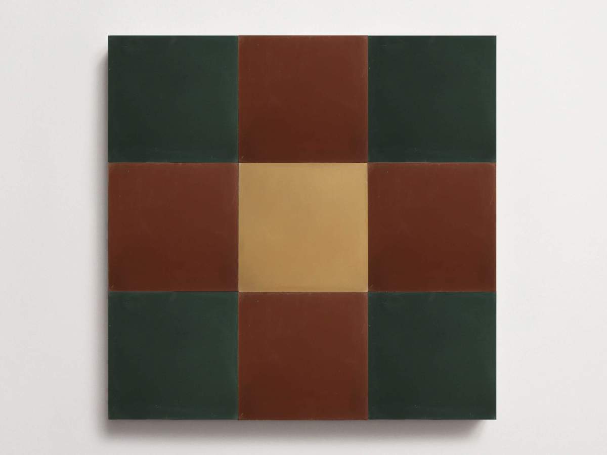 Cement Checkerboard Tile Trio 8x8 Red, Green, Brown.