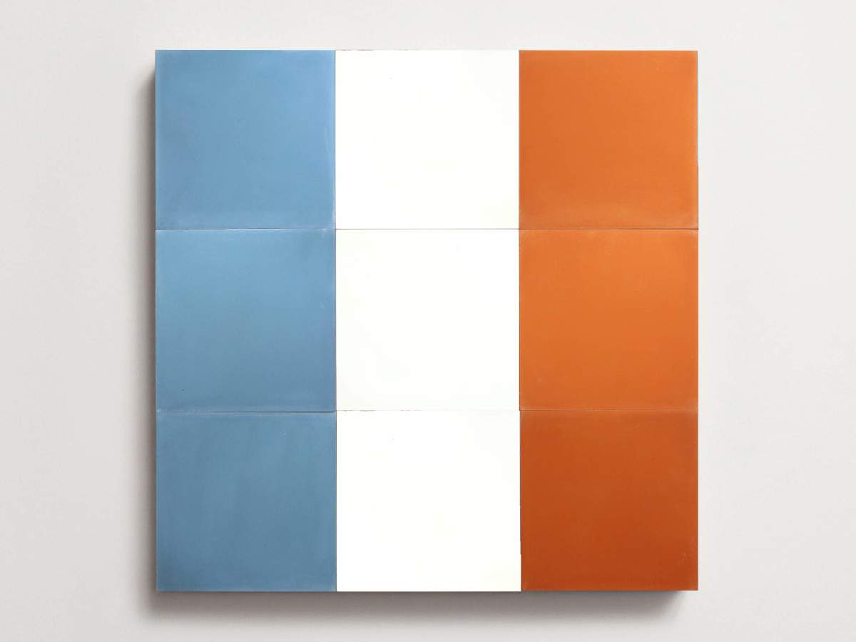Cement Checkerboard Tile Trio 8x8 Blue, Orange, White.