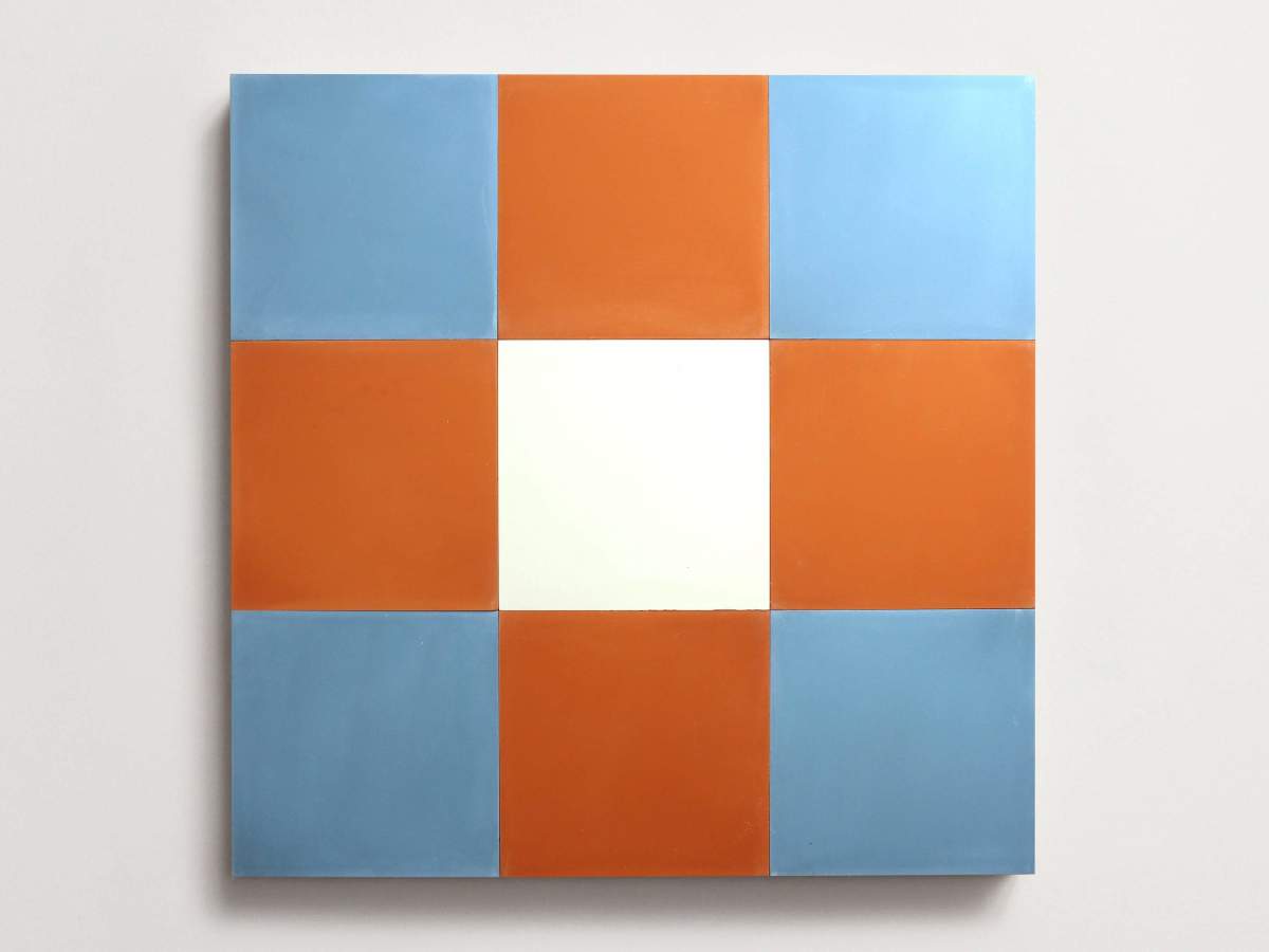 Cement Checkerboard Tile Trio 8x8 Blue, Orange, White.