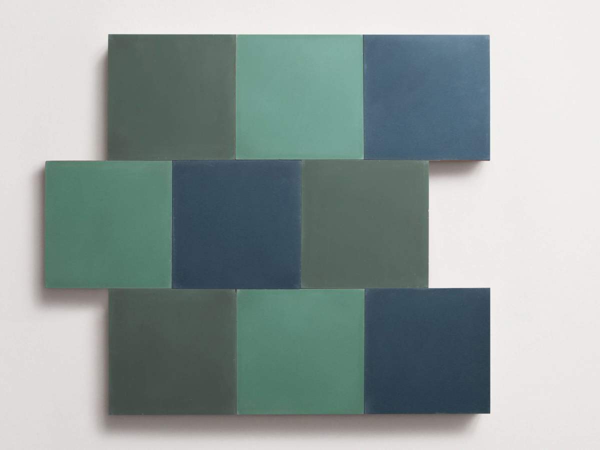 Cement Checkerboard Tile Trio 8x8 Green, Blue, Green.