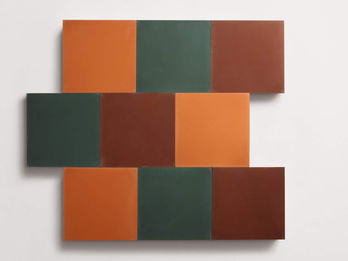 Cement Checkerboard Tile Trio 8x8 Green, Brown, Orange.