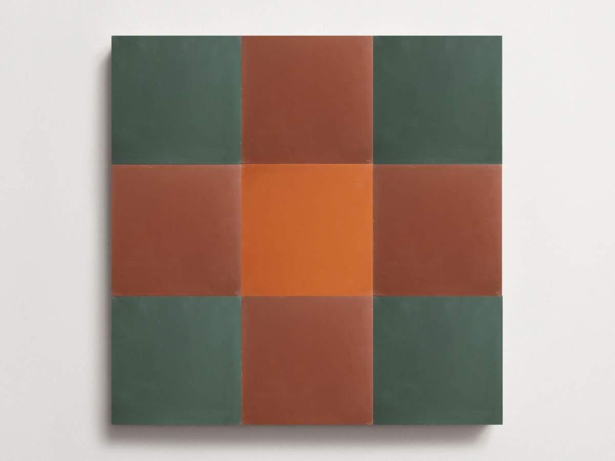 Cement Checkerboard Tile Trio 8x8 Green, Brown, Orange.