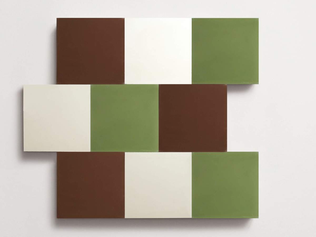 Cement Checkerboard Tile Trio 8x8 Brown, Green, White.