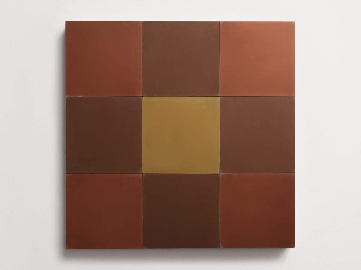 Cement Checkerboard Tile Trio 8x8 Brown, Tan, Maroon.