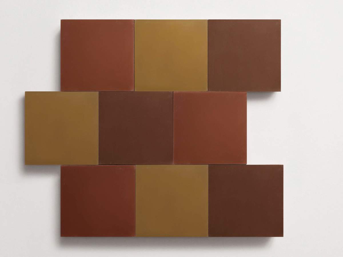 Cement Checkerboard Tile Trio 8x8 Brown, Tan, Maroon.