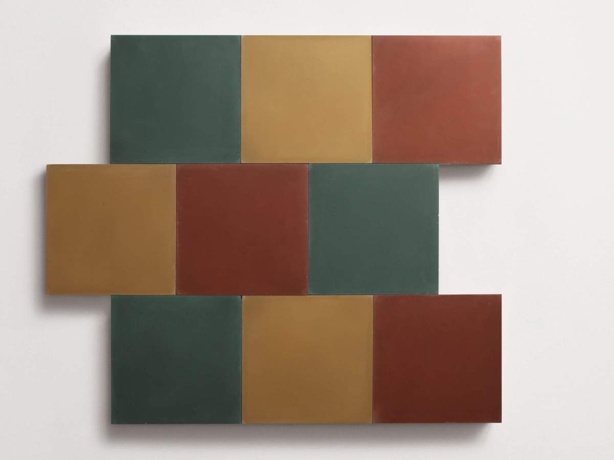 Cement Checkerboard Tile Trio 8x8 Red, Green, Brown.
