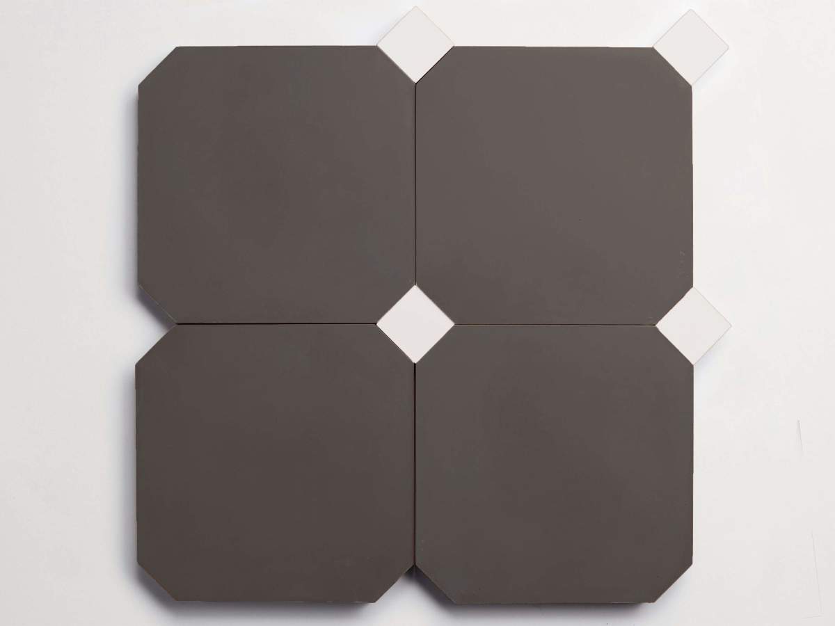 Tile cement pavimenti charcoal octagon + white dot.