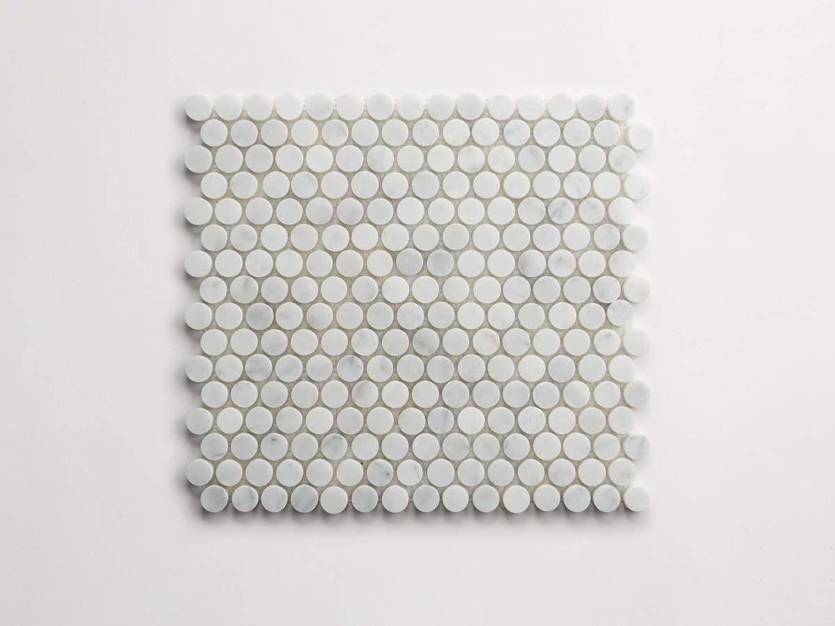 Tile carrara marble white stone penny rounds sheet.