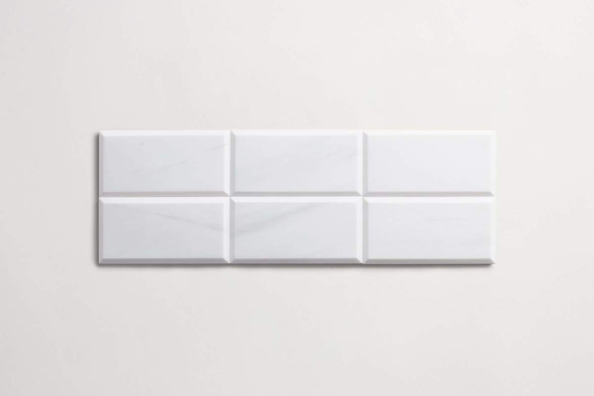 Tile bianco dolomite white stone beveled subway.