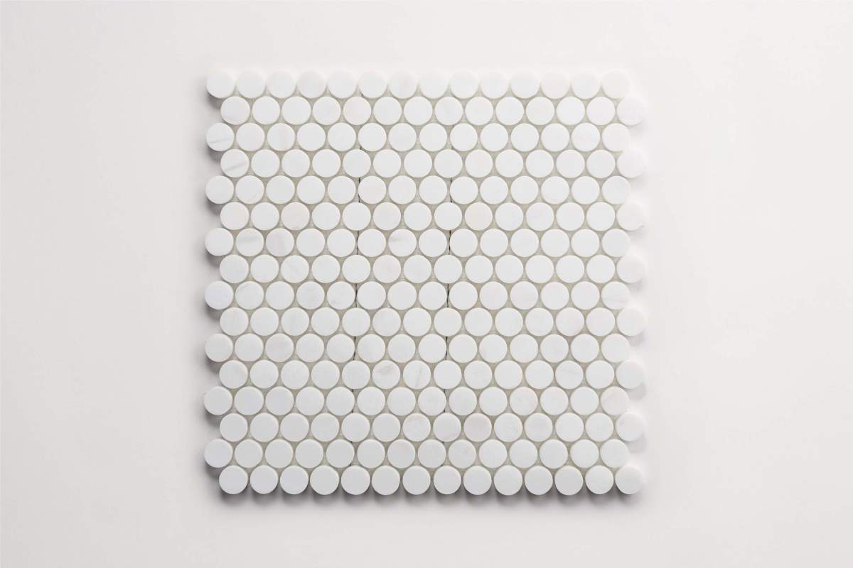 Tile bianco dolomite white stone penny round sheet.