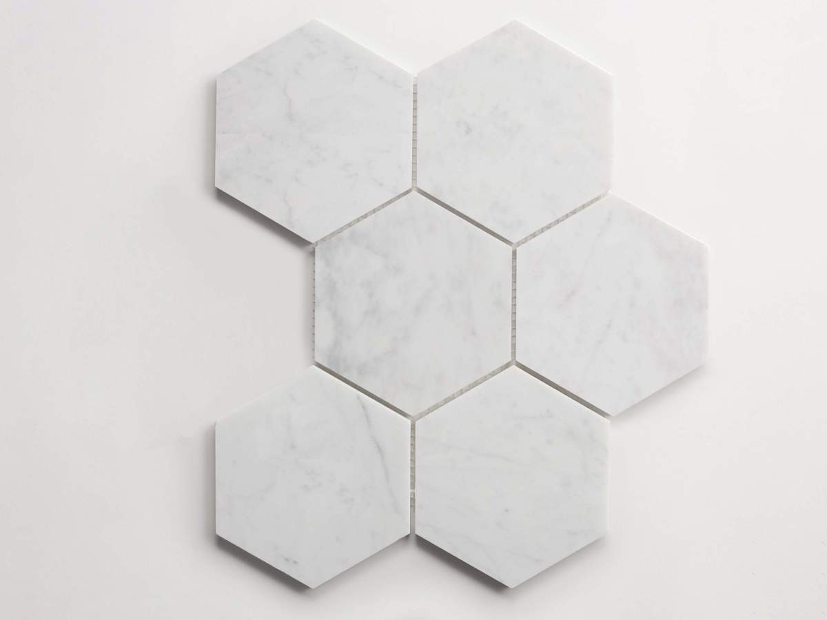 Tile carrara marble white stone 5" hex.