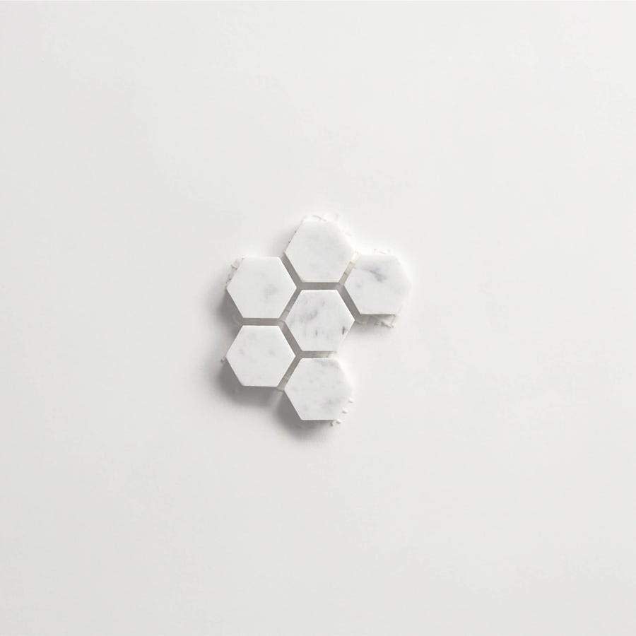clé lapidary: legacy | hex mosaic sheet | honed | carrara | sample ~ 1"x1⅛"x⅜"
