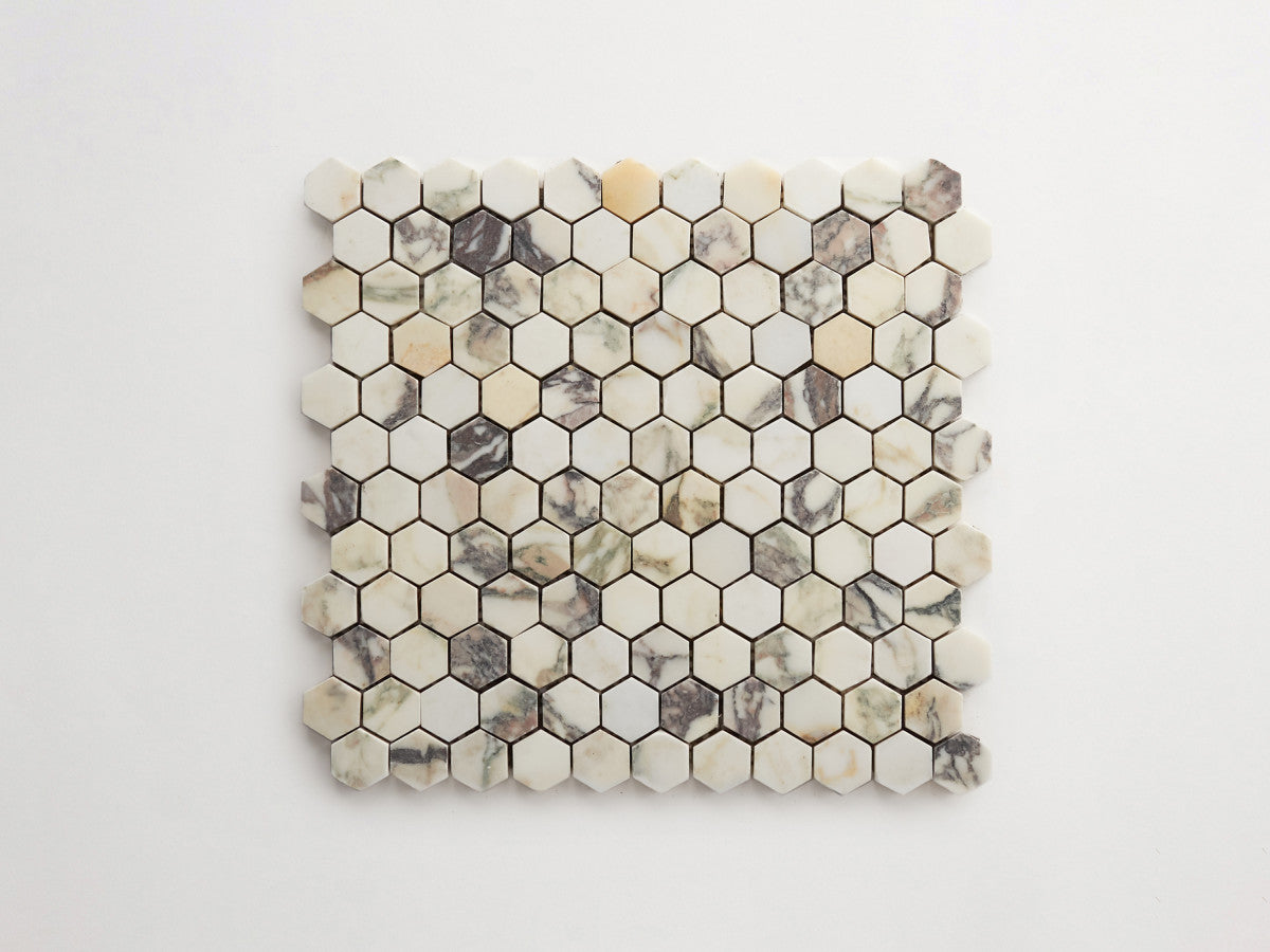 Calacatta viola marble hex mosaic sheet 1 x 1.125.