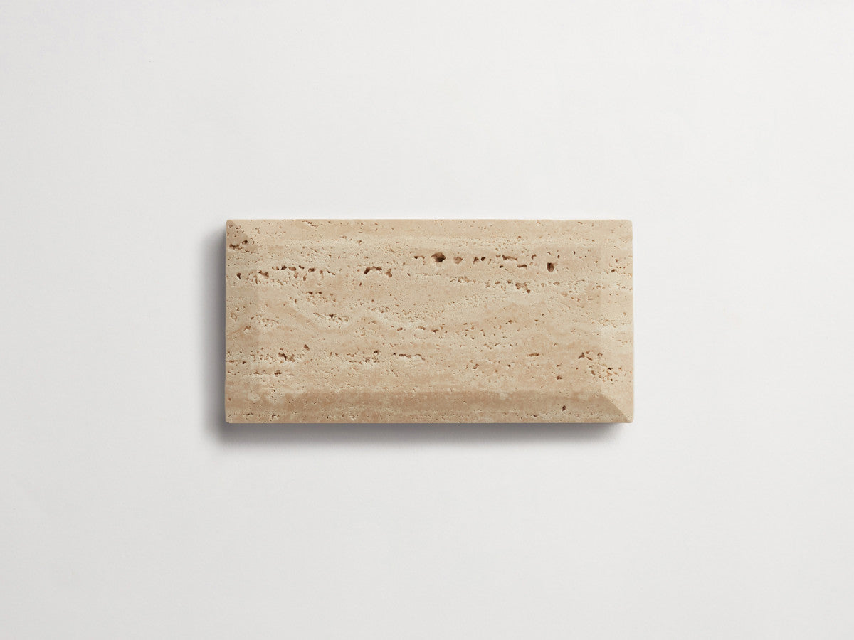 clé lapidary: banchina | beveled subway | honed | beige travertine ~ 3"x6"x⅜"