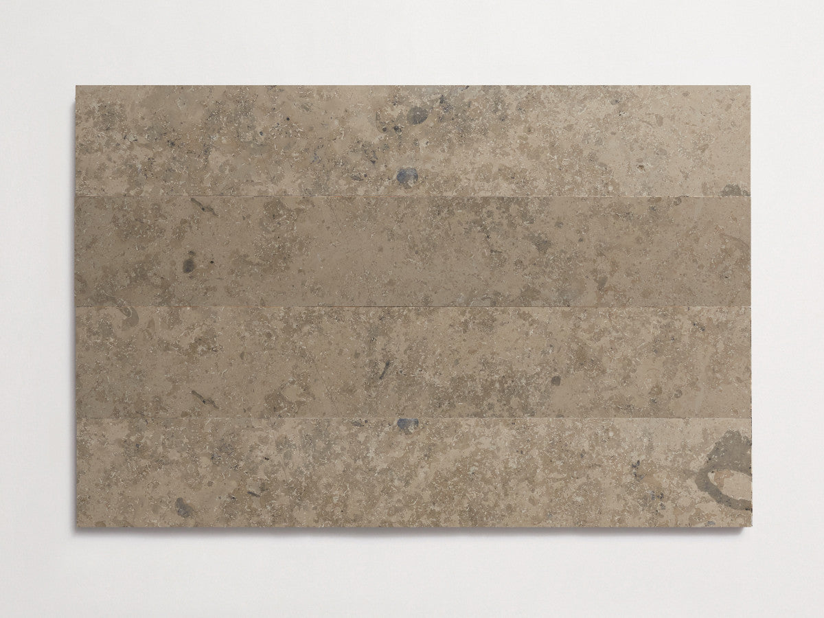 Limestone tile large plank 4x24 Grey honed Chantilly.