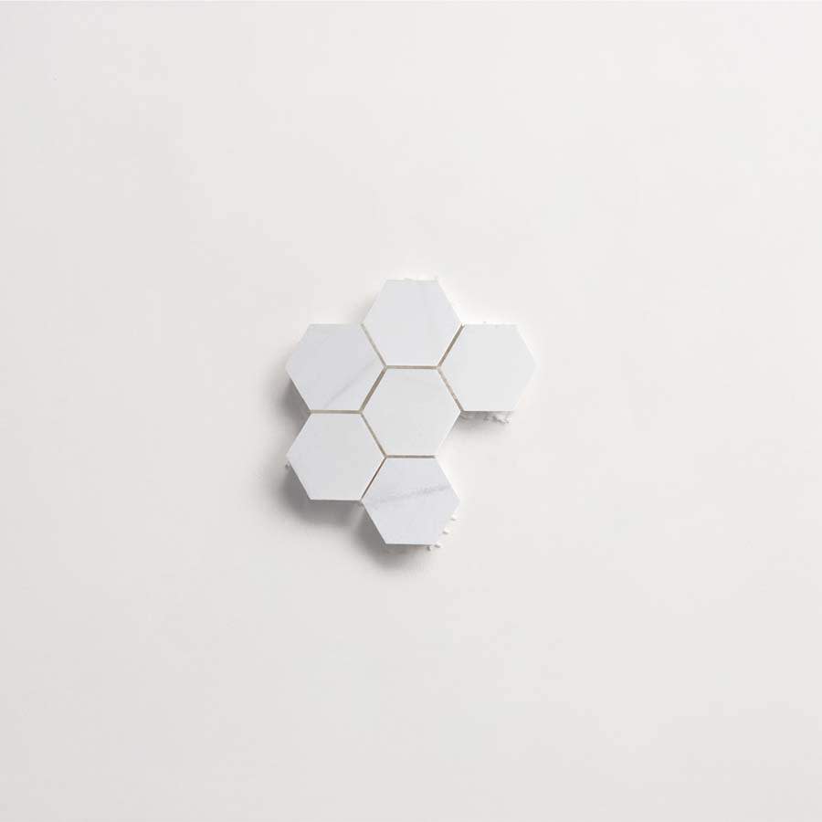 clé lapidary: legacy | hex mosaic sheet | honed | white dolomite | sample ~ 2"x2⅛"x⅜"