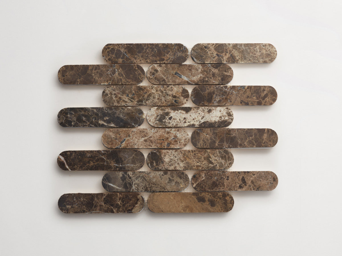 Stone tile 6 x 1⅜ Oval Mosaic Sheet Brown Honed.