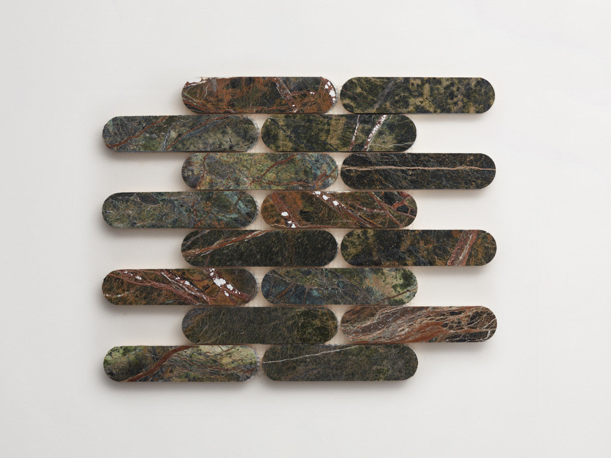Lapidary stone tile 6 x 1⅜ Oval Mosaic Green Honed.